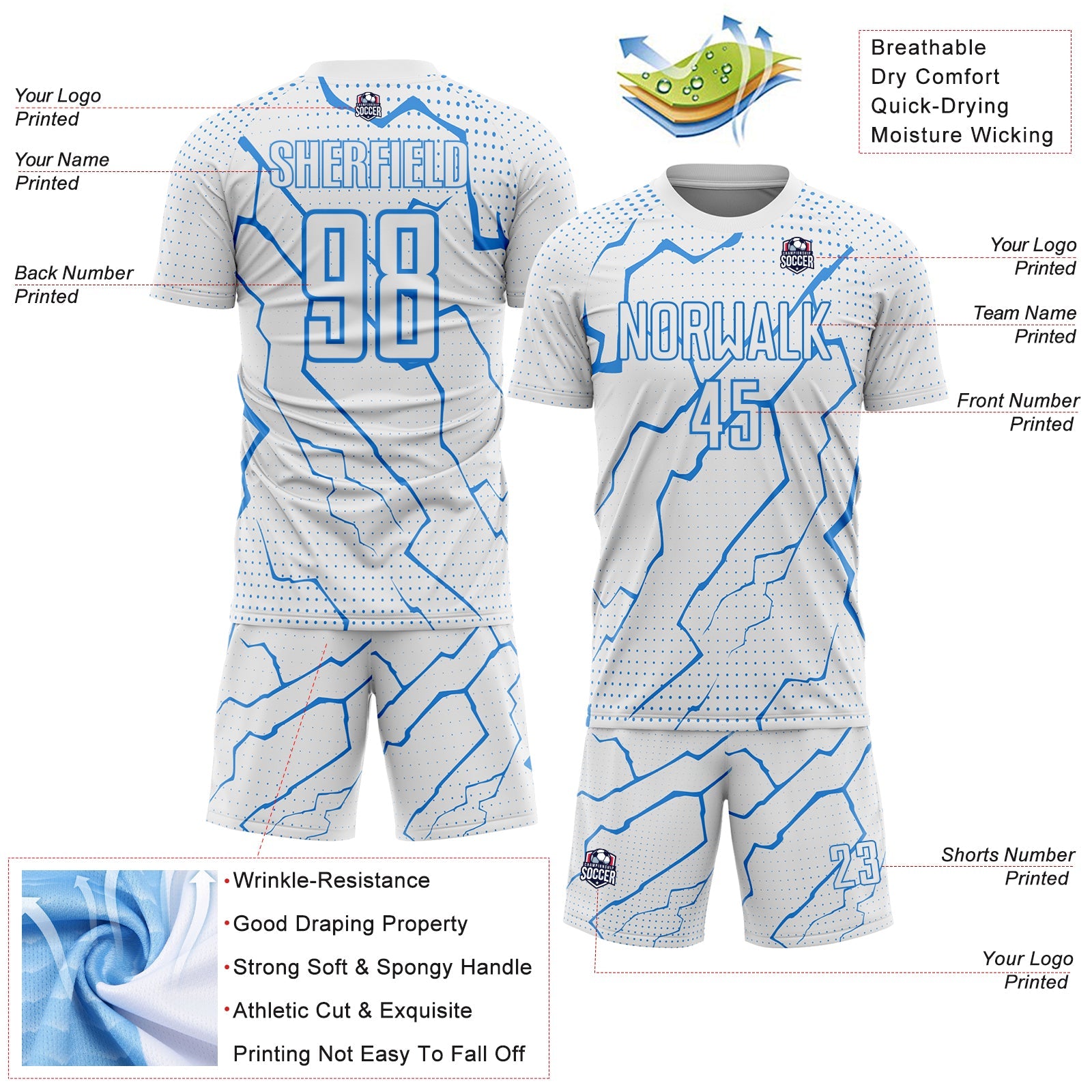 Custom White Powder Blue Lightning Sports Sublimation Soccer Uniform Jersey view 4