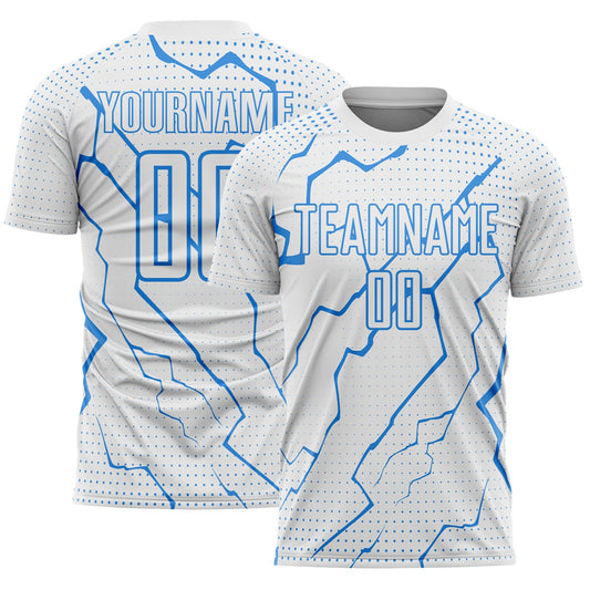 Custom White Powder Blue Lightning Sports Sublimation Soccer Uniform Jersey - Main View