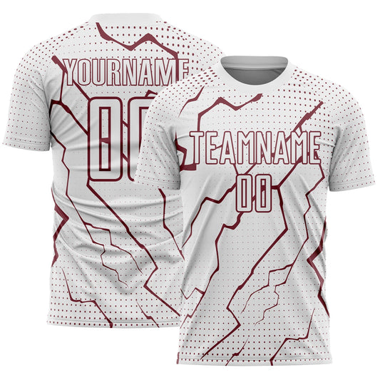 Custom White Burgundy Lightning Sports Sublimation Soccer Uniform Jersey - Main View