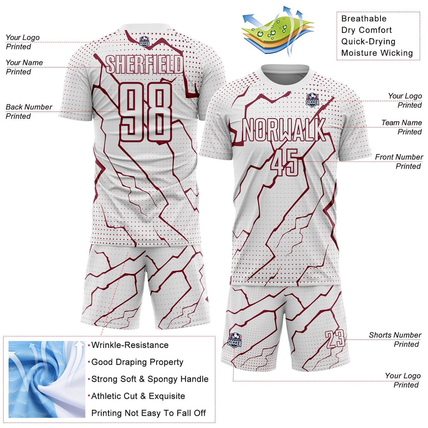 Custom White Crimson Lightning Sports Sublimation Soccer Uniform Jersey view 4