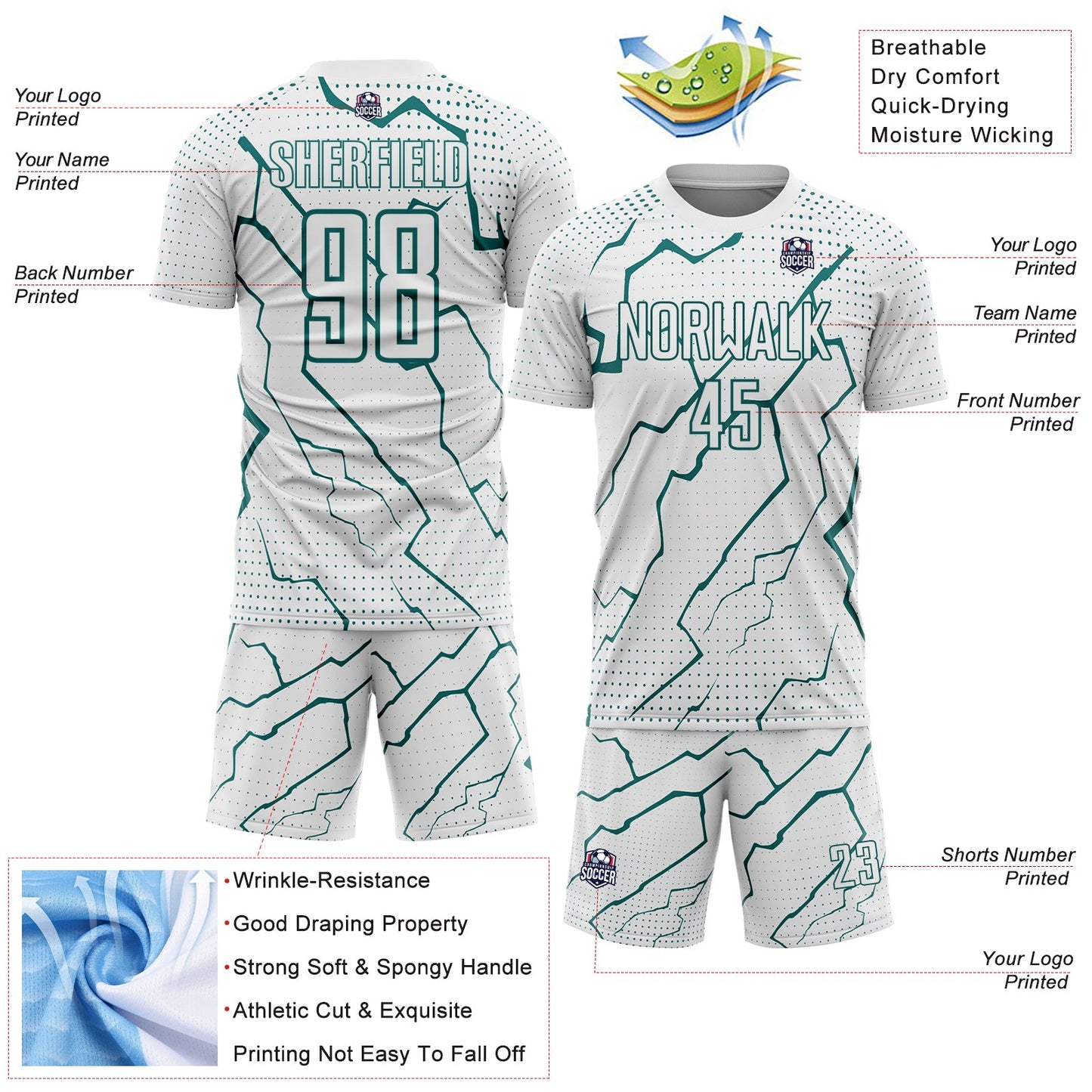 Custom White Teal Lightning Sports Sublimation Soccer Uniform Jersey view 4