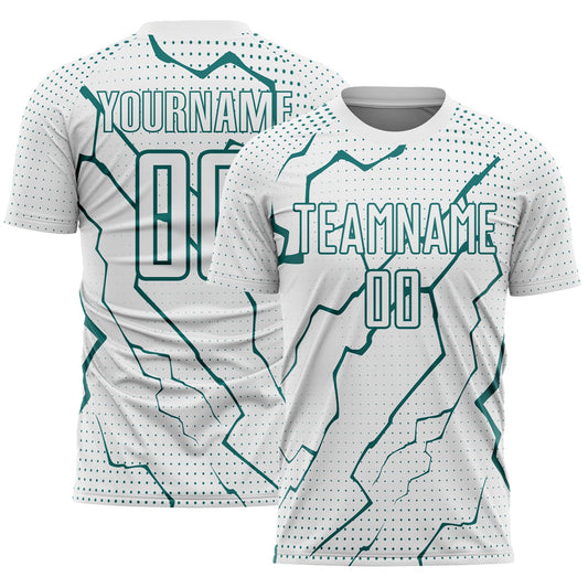 Custom White Teal Lightning Sports Sublimation Soccer Uniform Jersey - Main View