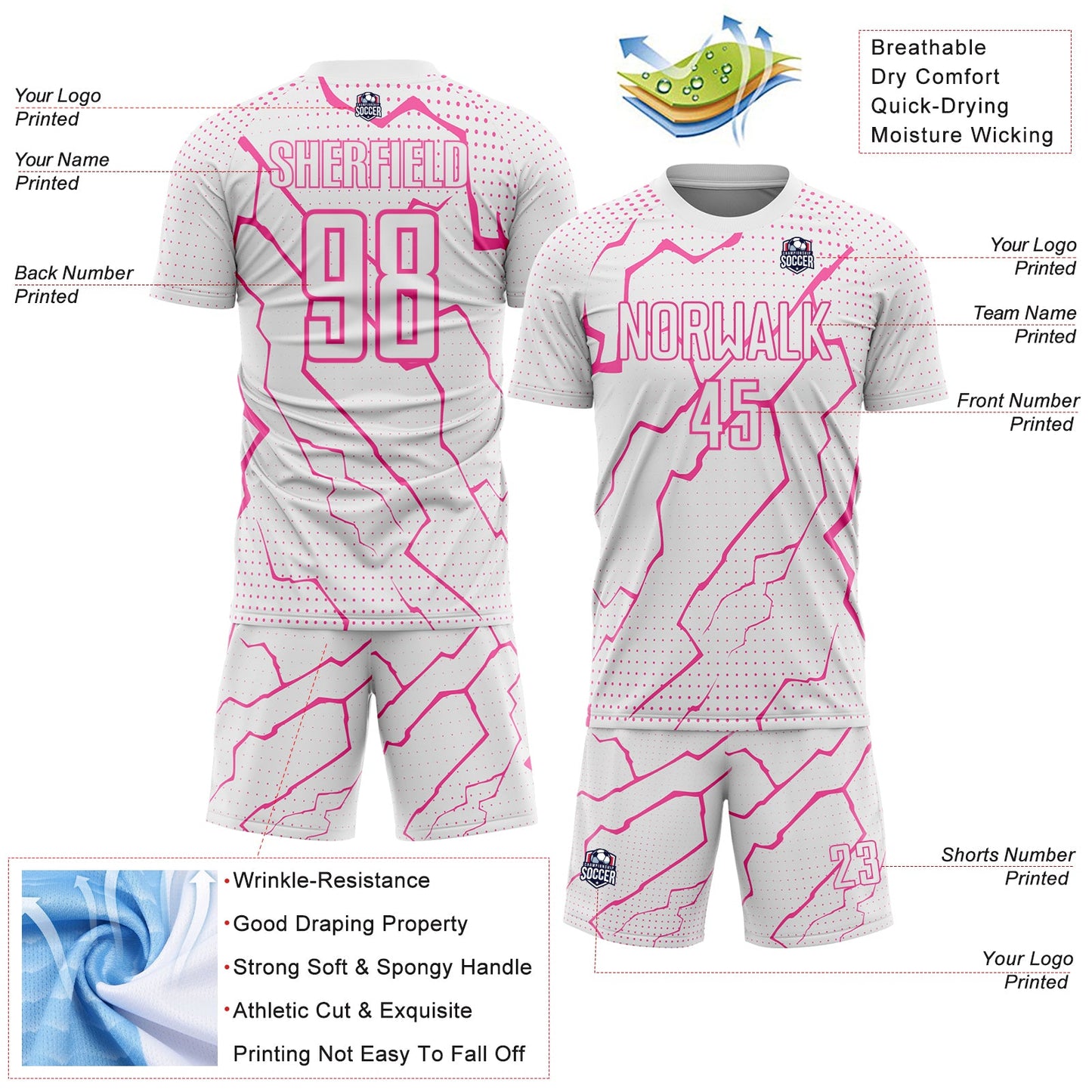Custom White Pink Lightning Sports Sublimation Soccer Uniform Jersey view 4