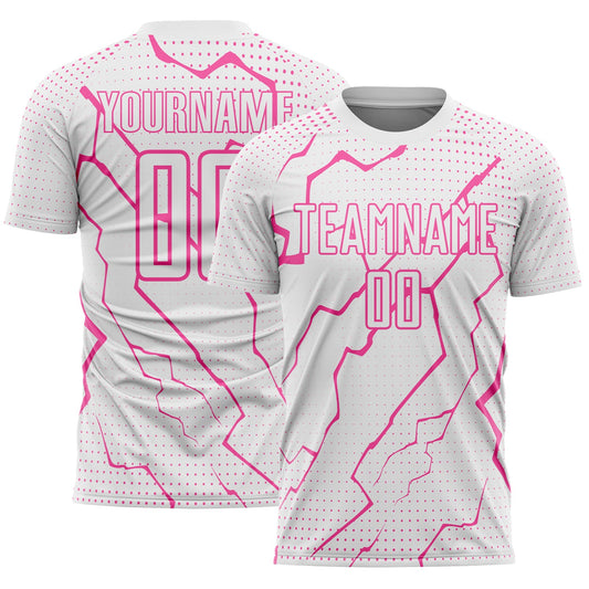 Custom White Pink Lightning Sports Sublimation Soccer Uniform Jersey - Main View