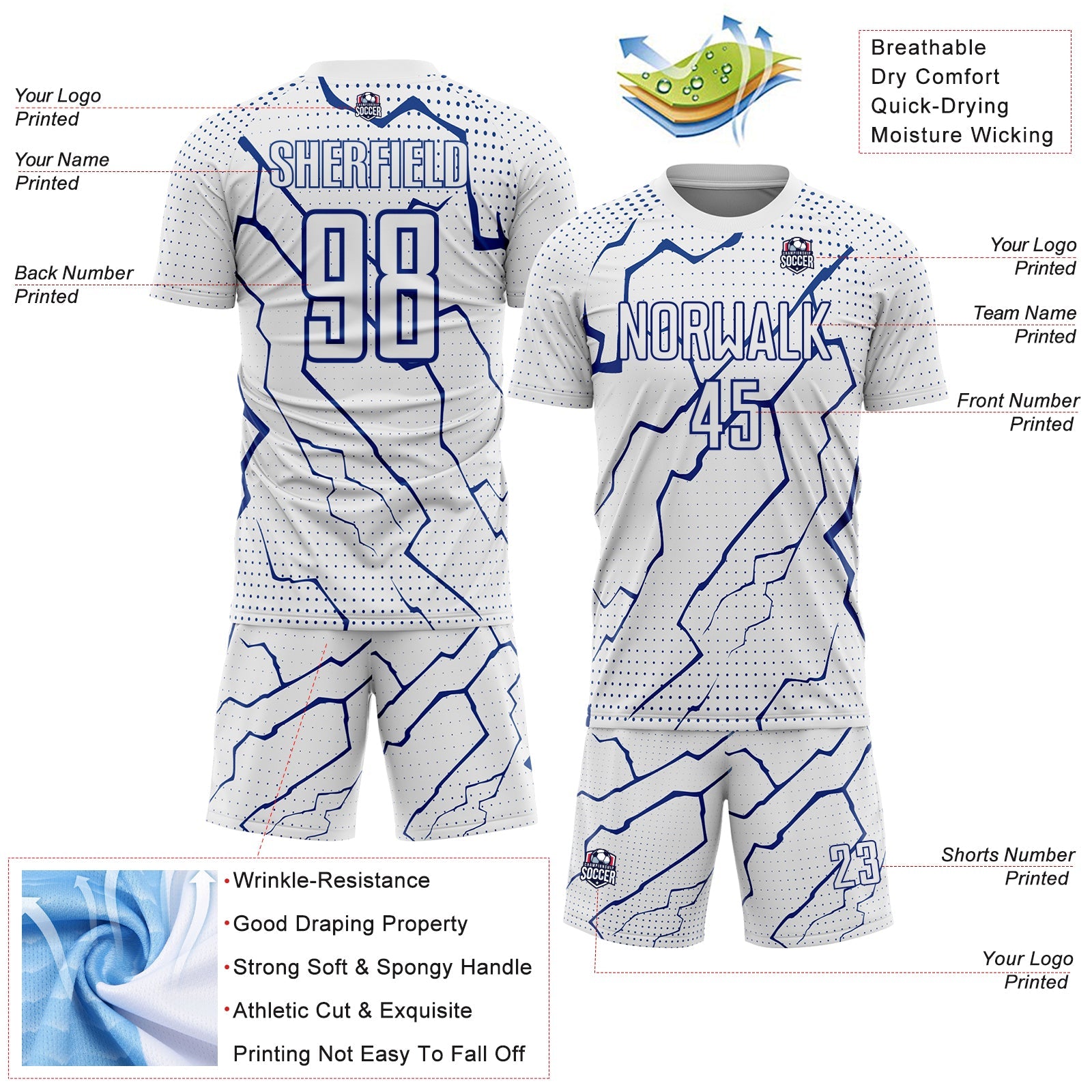 Custom White Royal Lightning Sports Sublimation Soccer Uniform Jersey view 4
