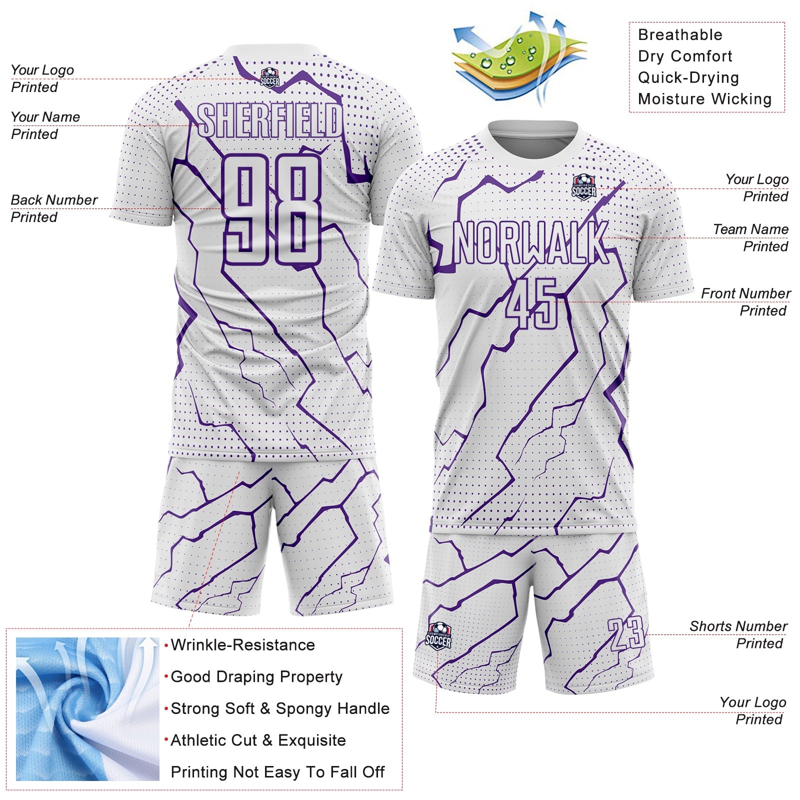 Custom White Purple Lightning Sports Sublimation Soccer Uniform Jersey view 4