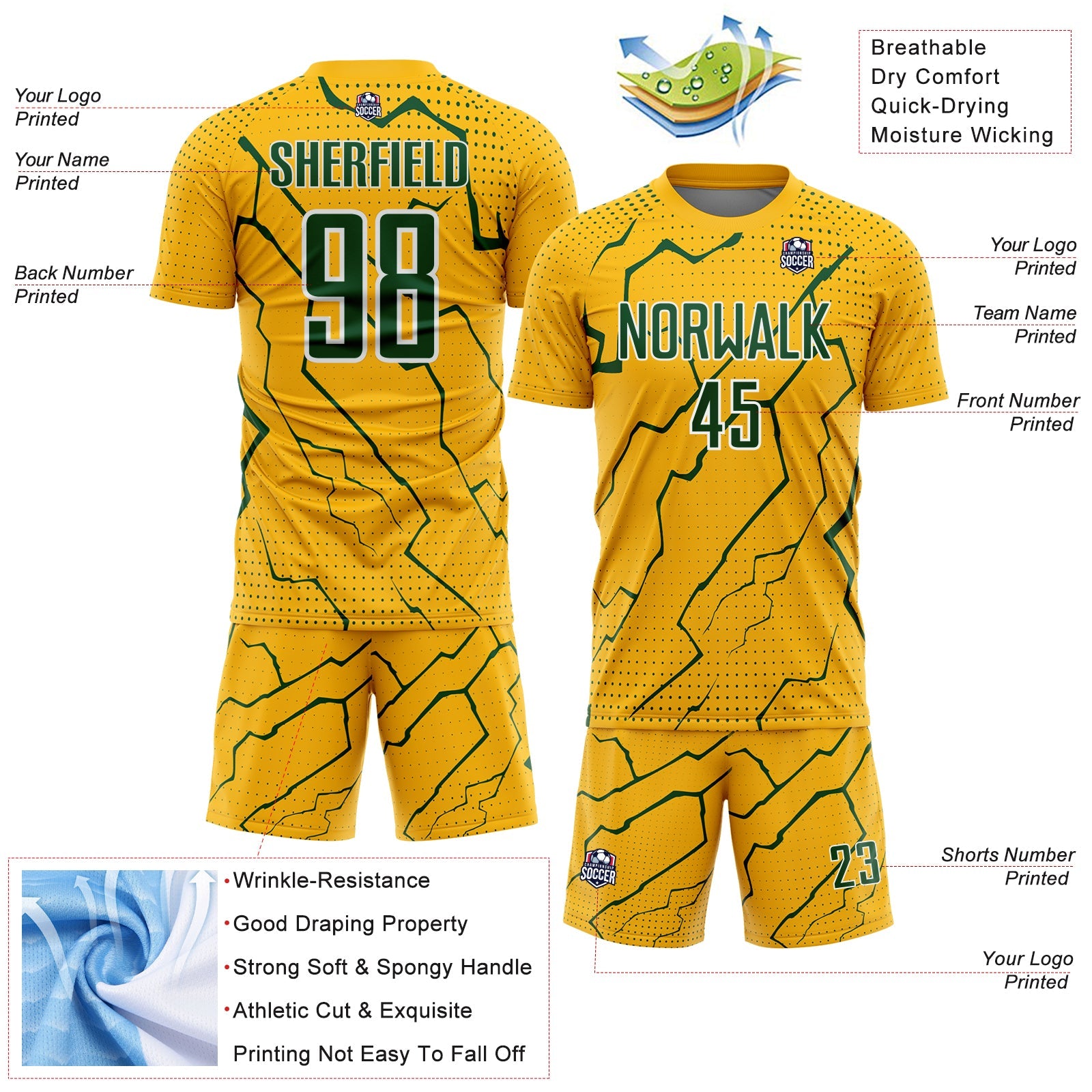Custom Gold Green-White Lightning Sports Sublimation Soccer Uniform Jersey view 4