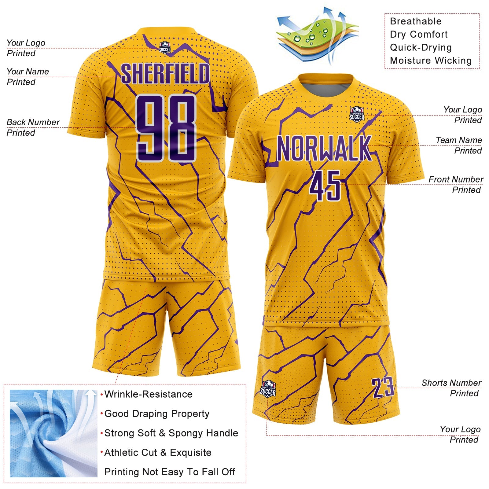 Custom Gold Purple-White Lightning Sports Sublimation Soccer Uniform Jersey view 4