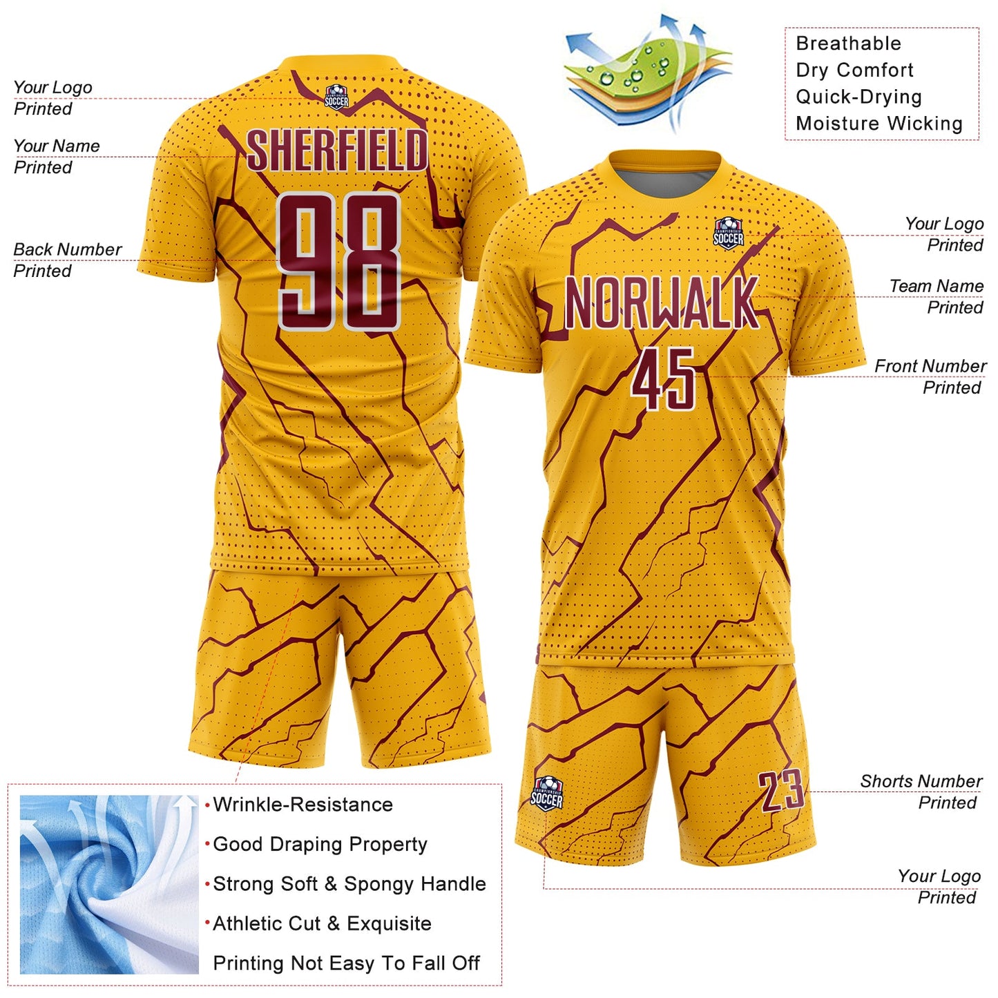 Custom Gold Crimson-White Lightning Sports Sublimation Soccer Uniform Jersey view 4