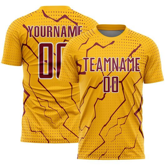 Custom Gold Crimson-White Lightning Sports Sublimation Soccer Uniform Jersey - Main View
