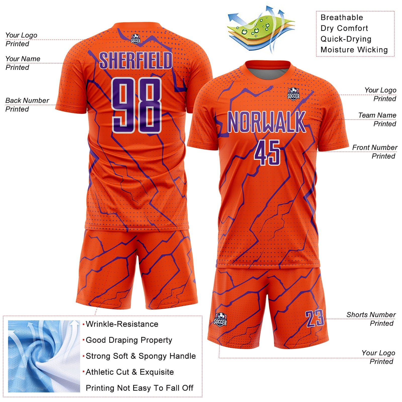 Custom Orange Purple-White Lightning Sports Sublimation Soccer Uniform Jersey view 4