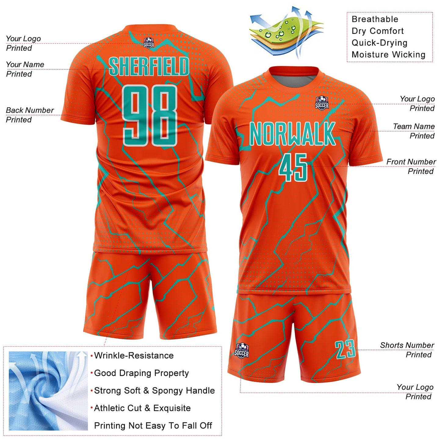 Custom Orange Aqua-White Lightning Sports Sublimation Soccer Uniform Jersey view 4