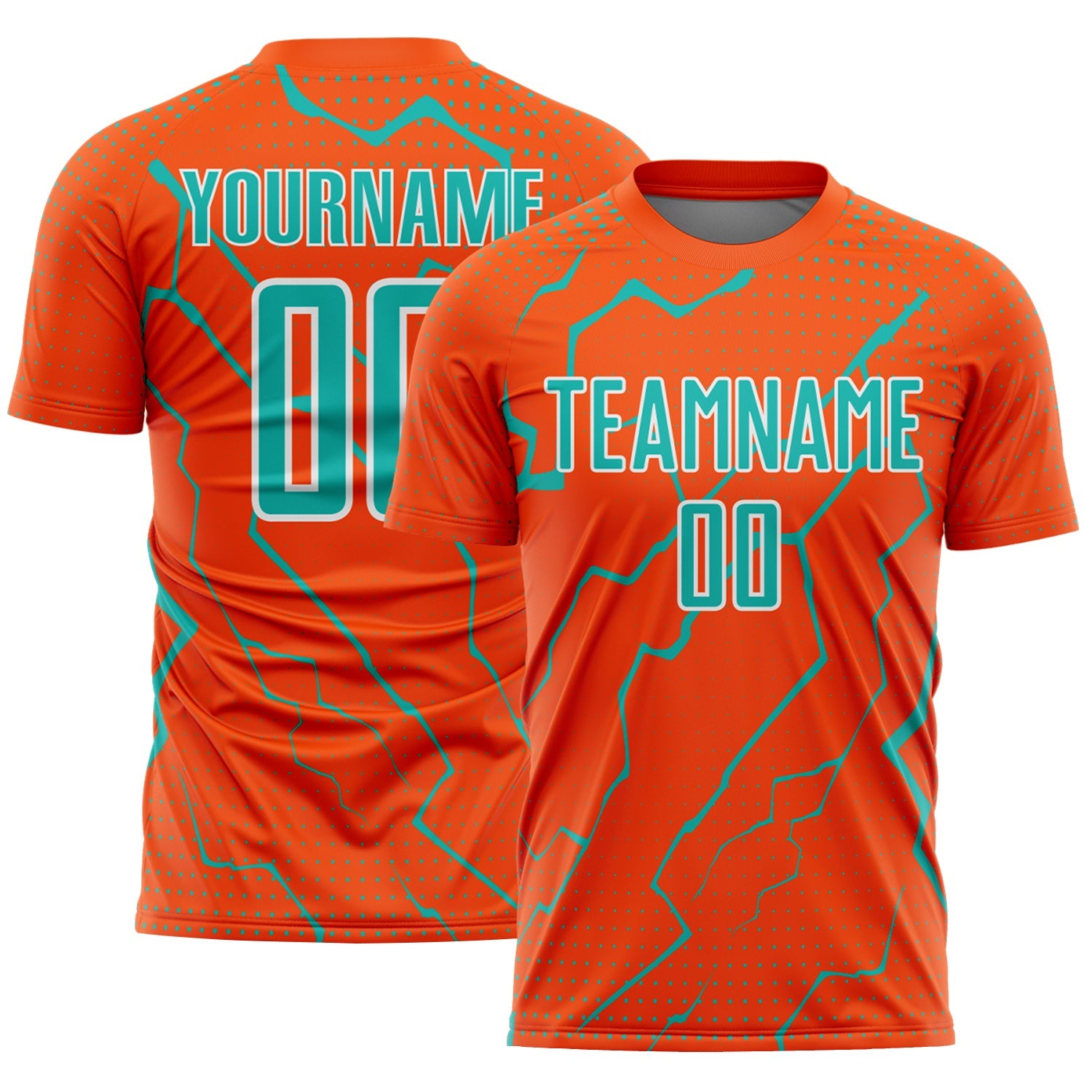 Custom Orange Aqua-White Lightning Sports Sublimation Soccer Uniform Jersey - Main View