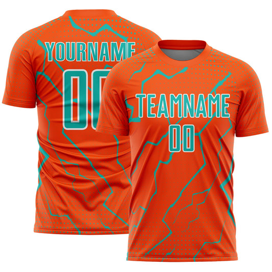 Custom Orange Aqua-White Lightning Sports Sublimation Soccer Uniform Jersey - Main View
