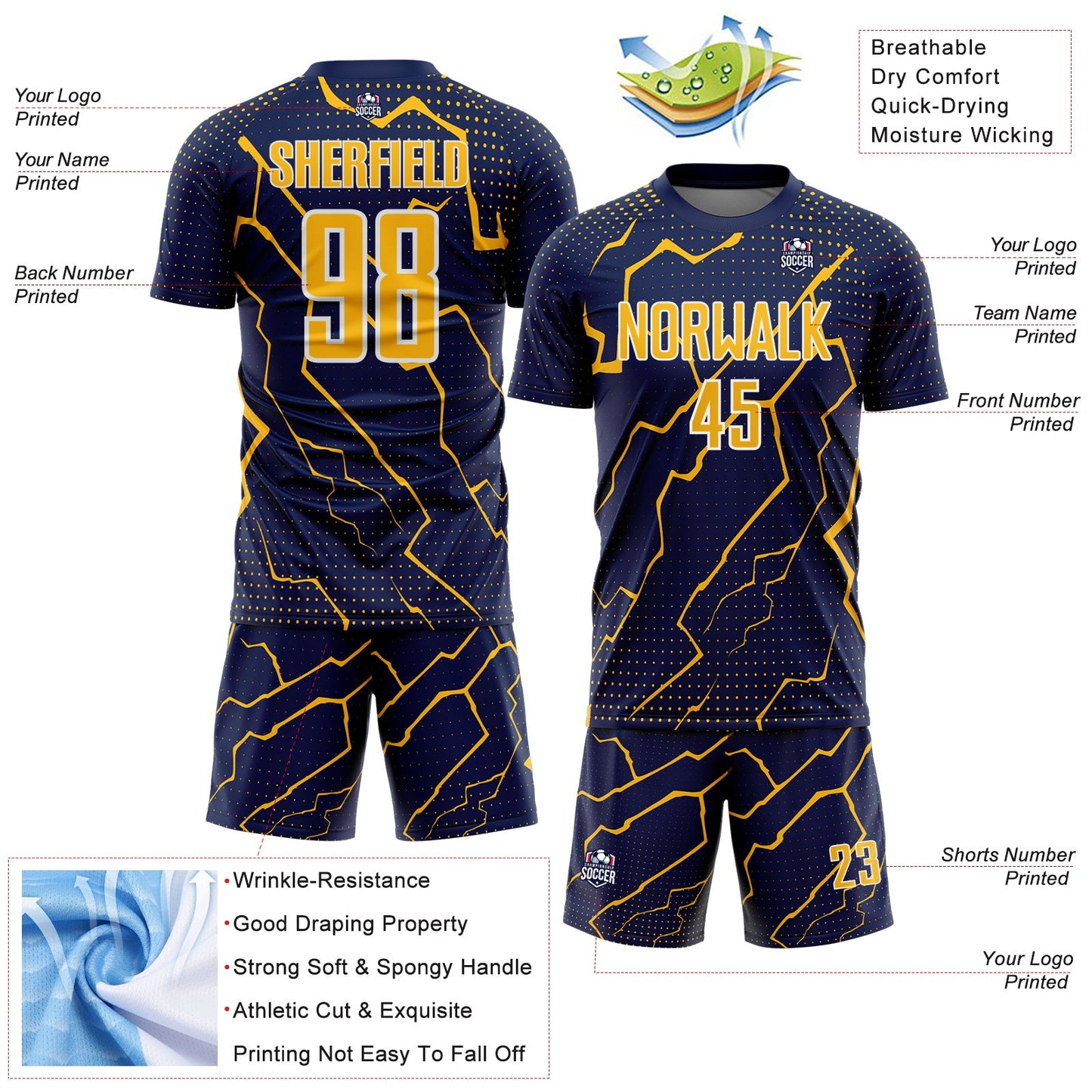 Custom Navy Gold-White Lightning Sports Sublimation Soccer Uniform Jersey view 4