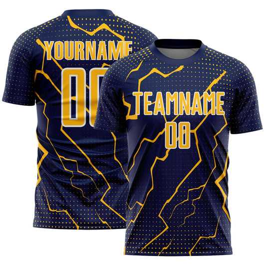 Custom Navy Gold-White Lightning Sports Sublimation Soccer Uniform Jersey - Main View