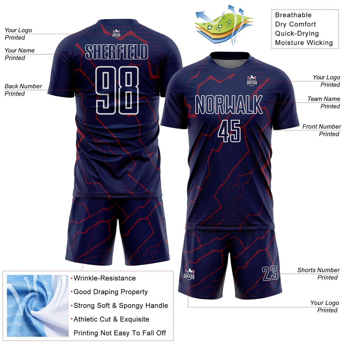 Custom Navy Crimson-White Lightning Sports Sublimation Soccer Uniform Jersey view 4