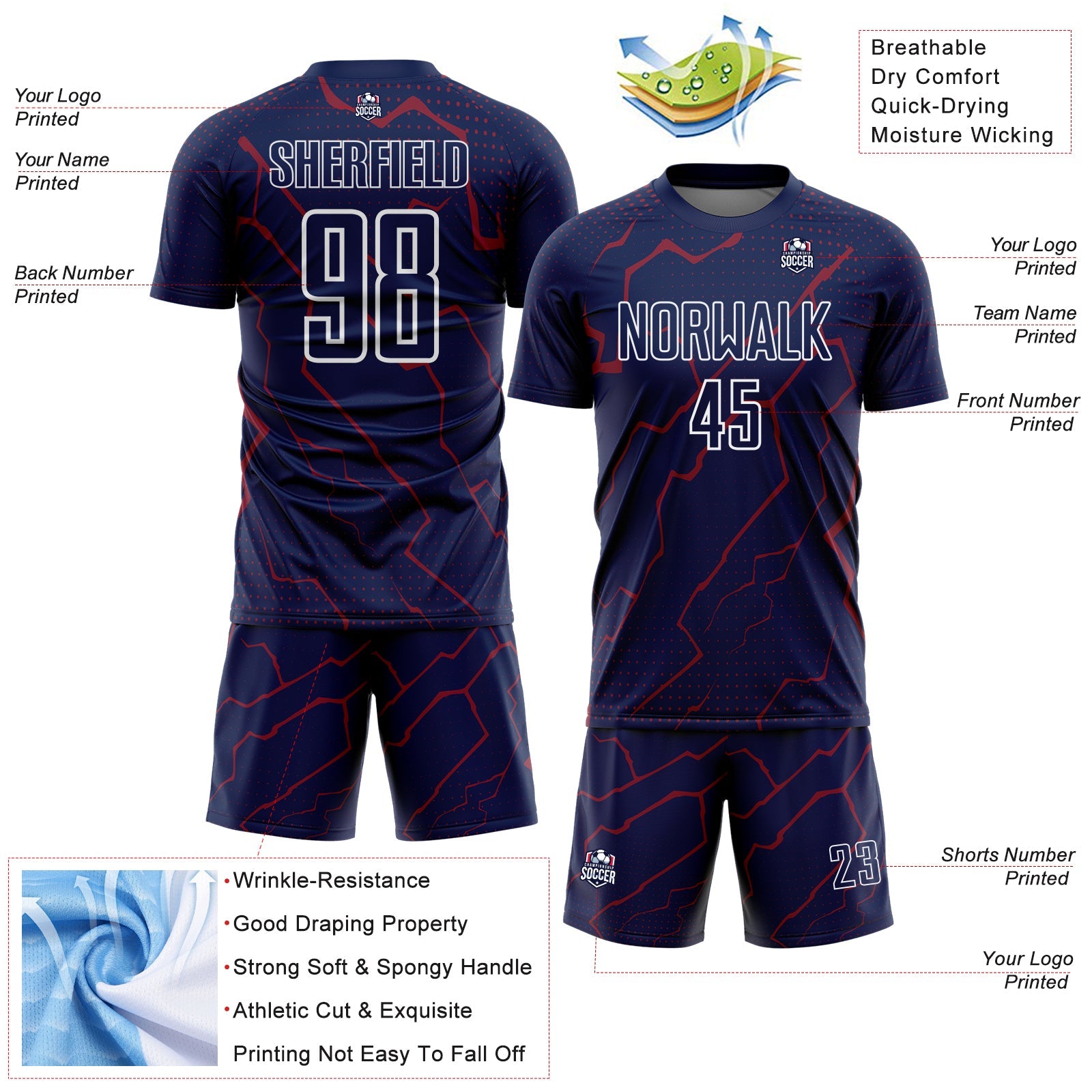 Custom Navy Crimson-White Lightning Sports Sublimation Soccer Uniform Jersey view 4