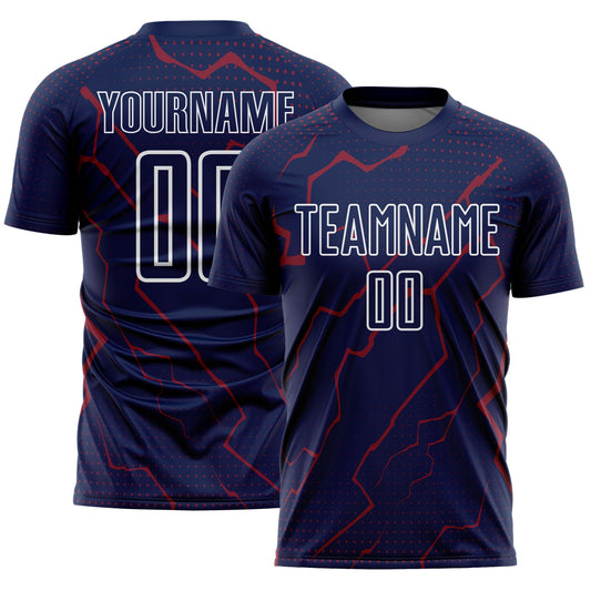 Custom Navy Crimson-White Lightning Sports Sublimation Soccer Uniform Jersey - Main View