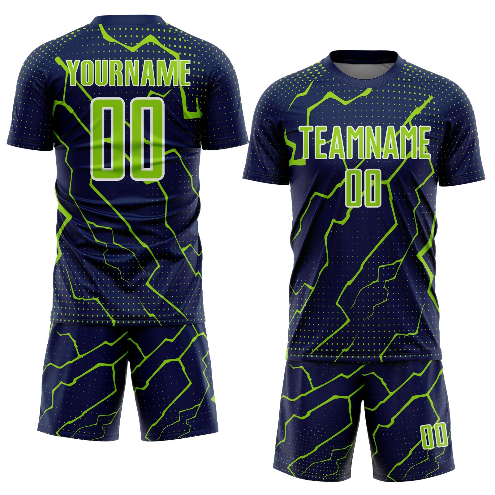 Custom Navy Neon Green-White Lightning Sports Sublimation Soccer Uniform Jersey view 2