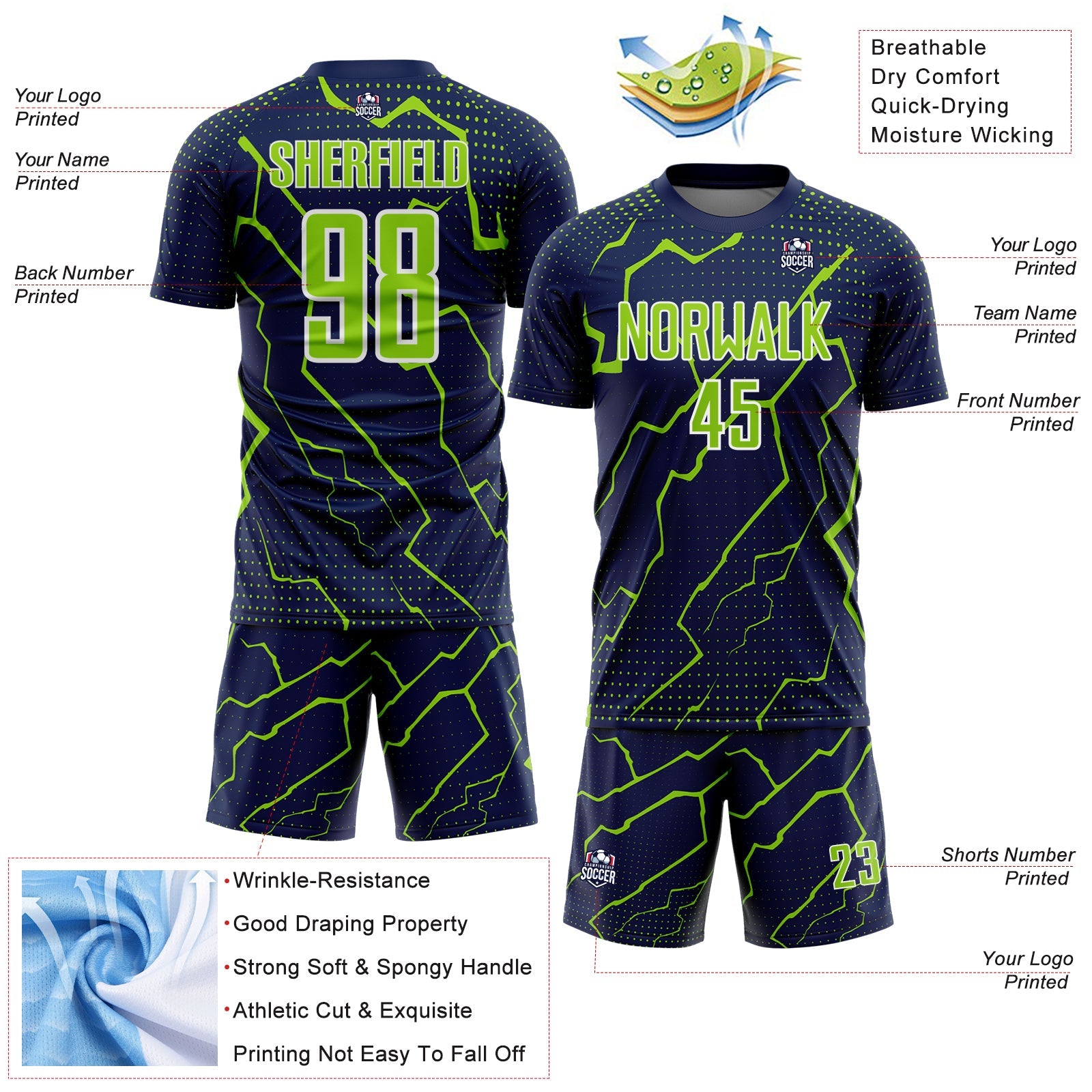Custom Navy Neon Green-White Lightning Sports Sublimation Soccer Uniform Jersey view 4