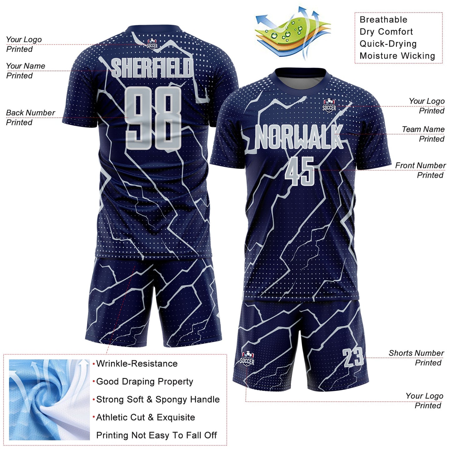 Custom Navy Silver-White Lightning Sports Sublimation Soccer Uniform Jersey view 4
