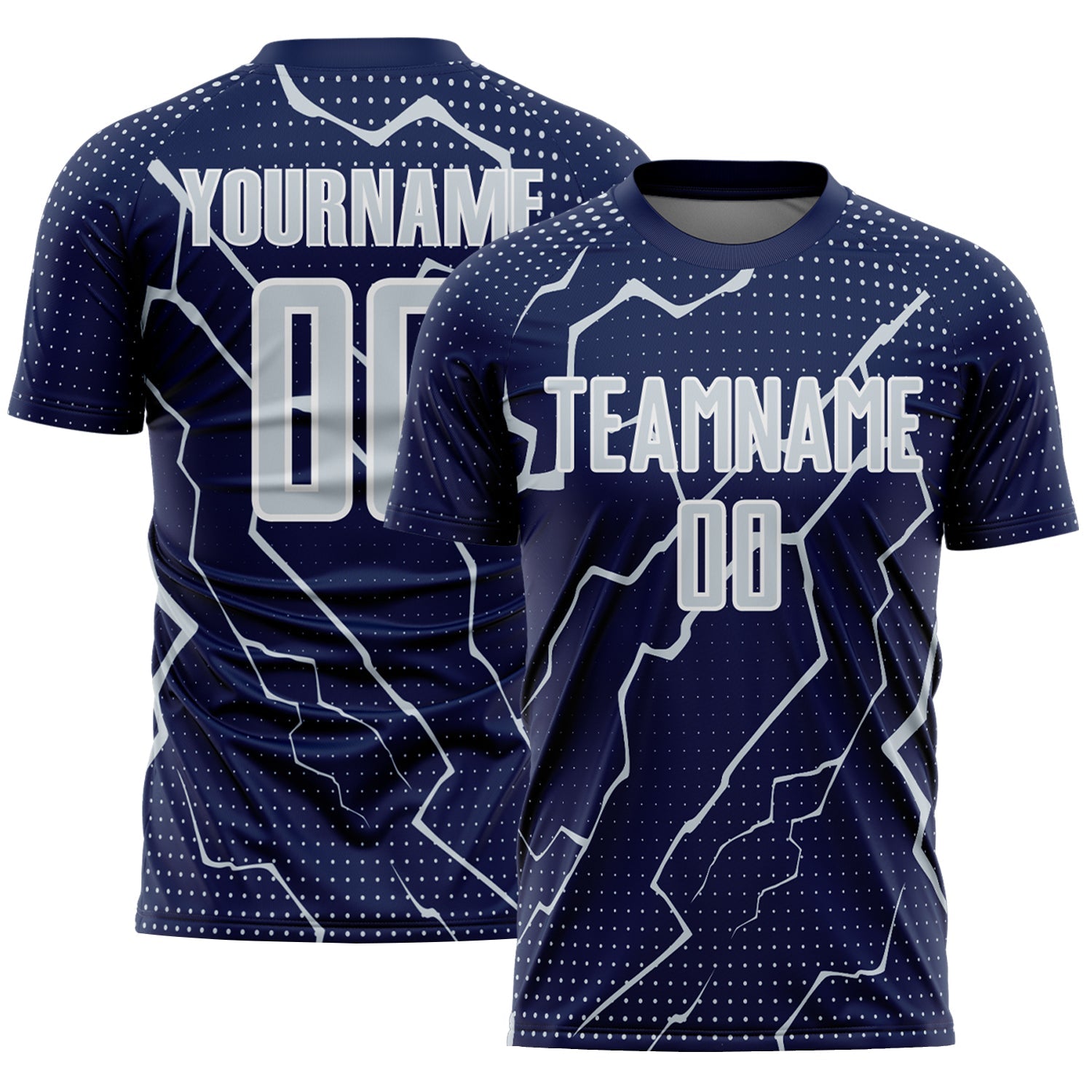 Custom Navy Silver-White Lightning Sports Sublimation Soccer Uniform Jersey - Main View
