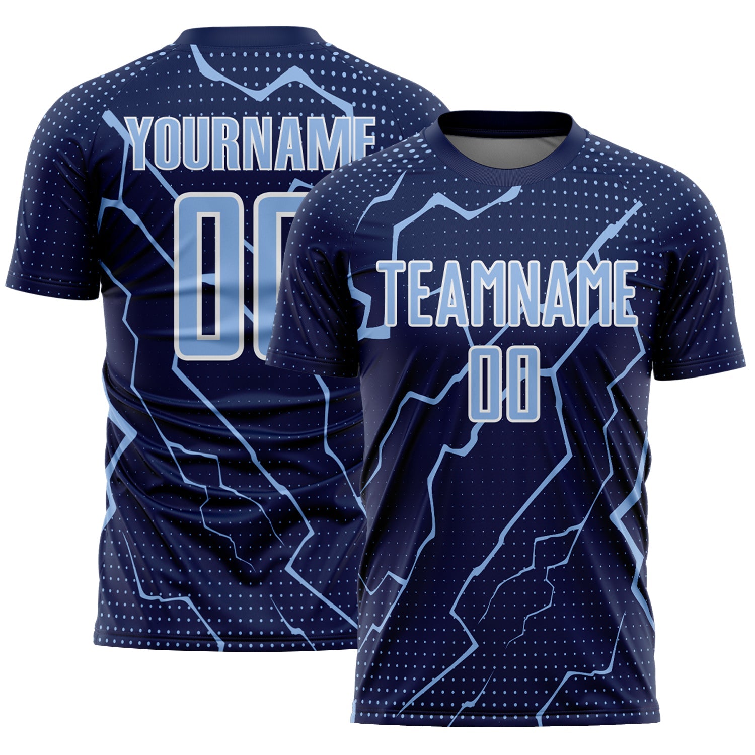 Custom Navy Light Blue-White Lightning Sports Sublimation Soccer Uniform Jersey - Main View