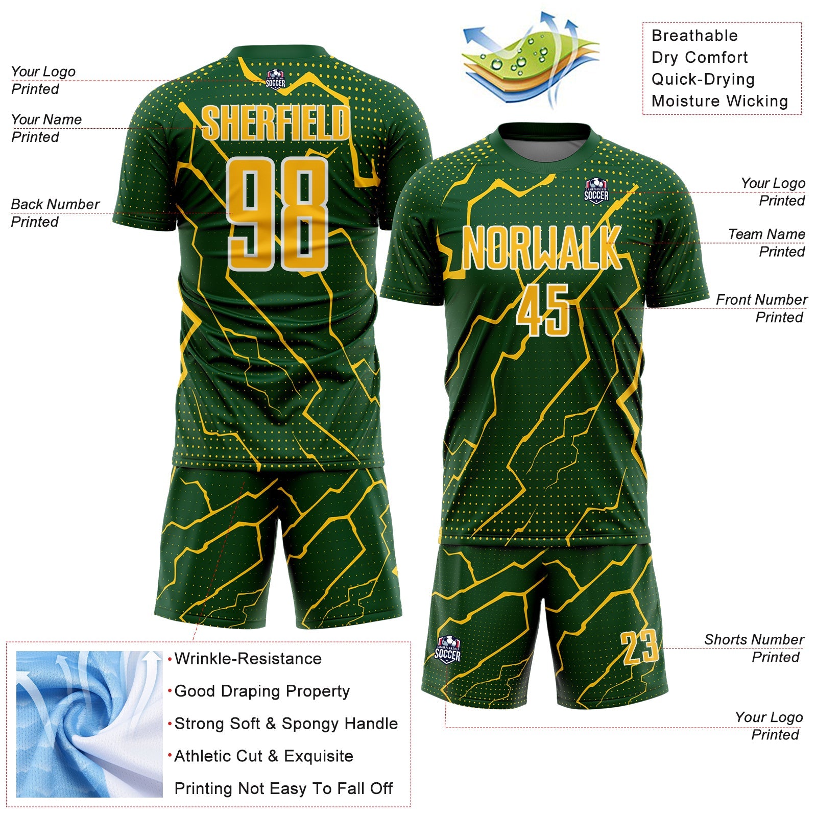 Custom Green Yellow-White Lightning Sports Sublimation Soccer Uniform Jersey view 4