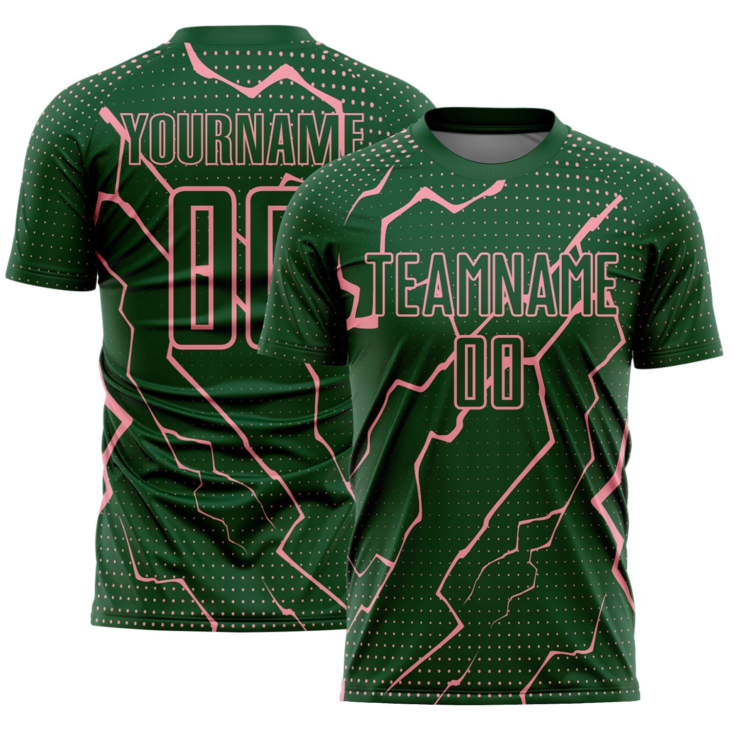 Custom Green Medium Pink Lightning Sports Sublimation Soccer Uniform Jersey - Main View