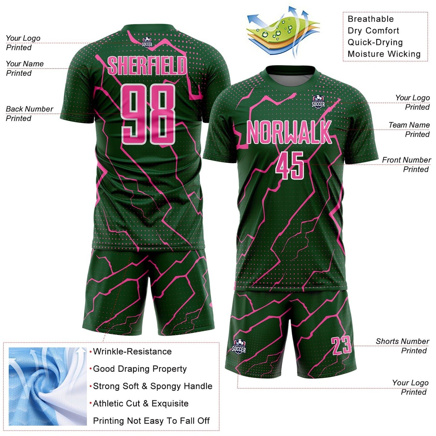 Custom Green Pink-White Lightning Sports Sublimation Soccer Uniform Jersey view 4