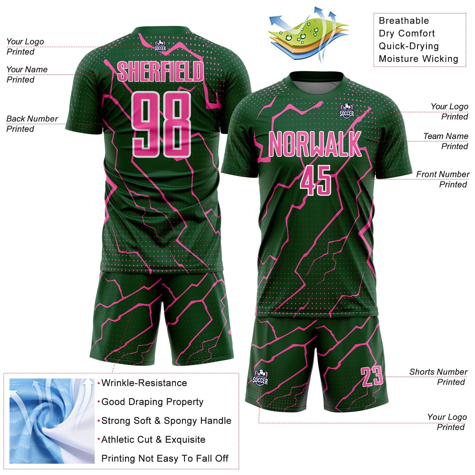 Custom Green Pink-White Lightning Sports Sublimation Soccer Uniform Jersey view 4