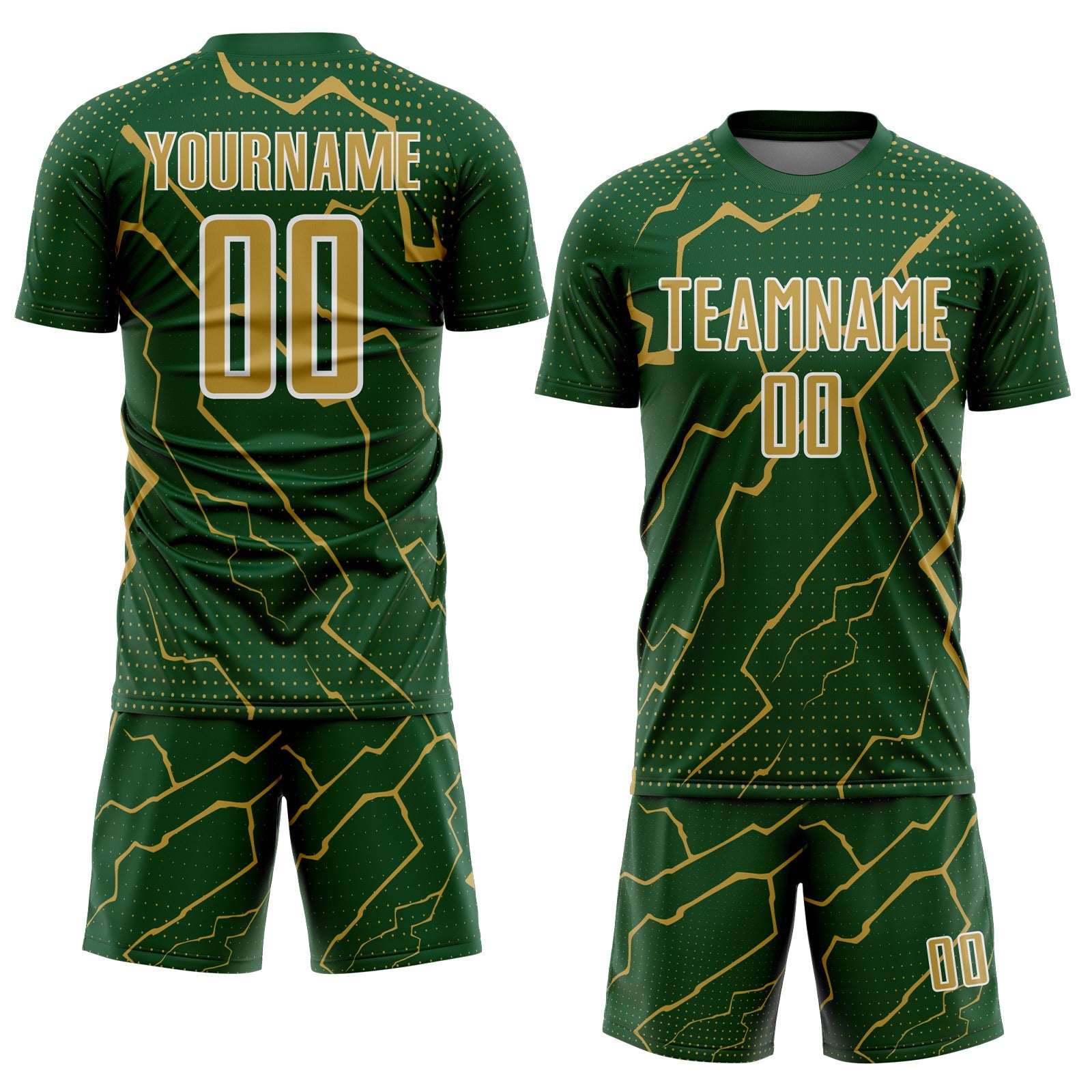 Custom Green Old Gold-White Lightning Sports Sublimation Soccer Uniform Jersey view 2
