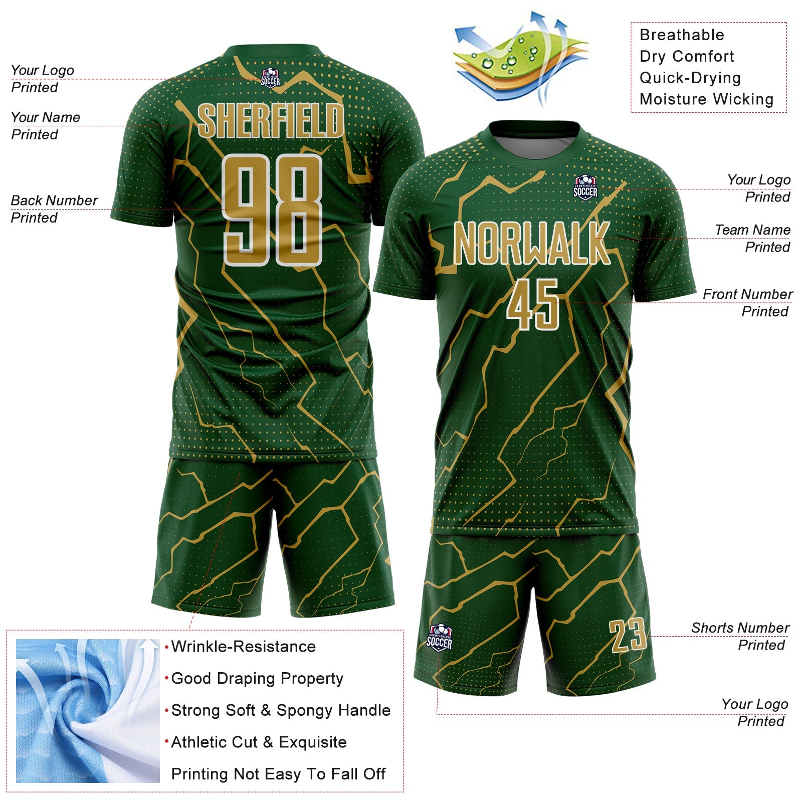Custom Green Old Gold-White Lightning Sports Sublimation Soccer Uniform Jersey view 4