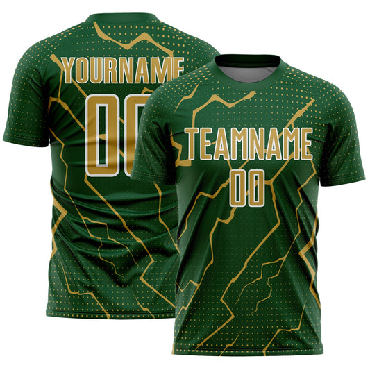 Custom Green Old Gold-White Lightning Sports Sublimation Soccer Uniform Jersey - Main View