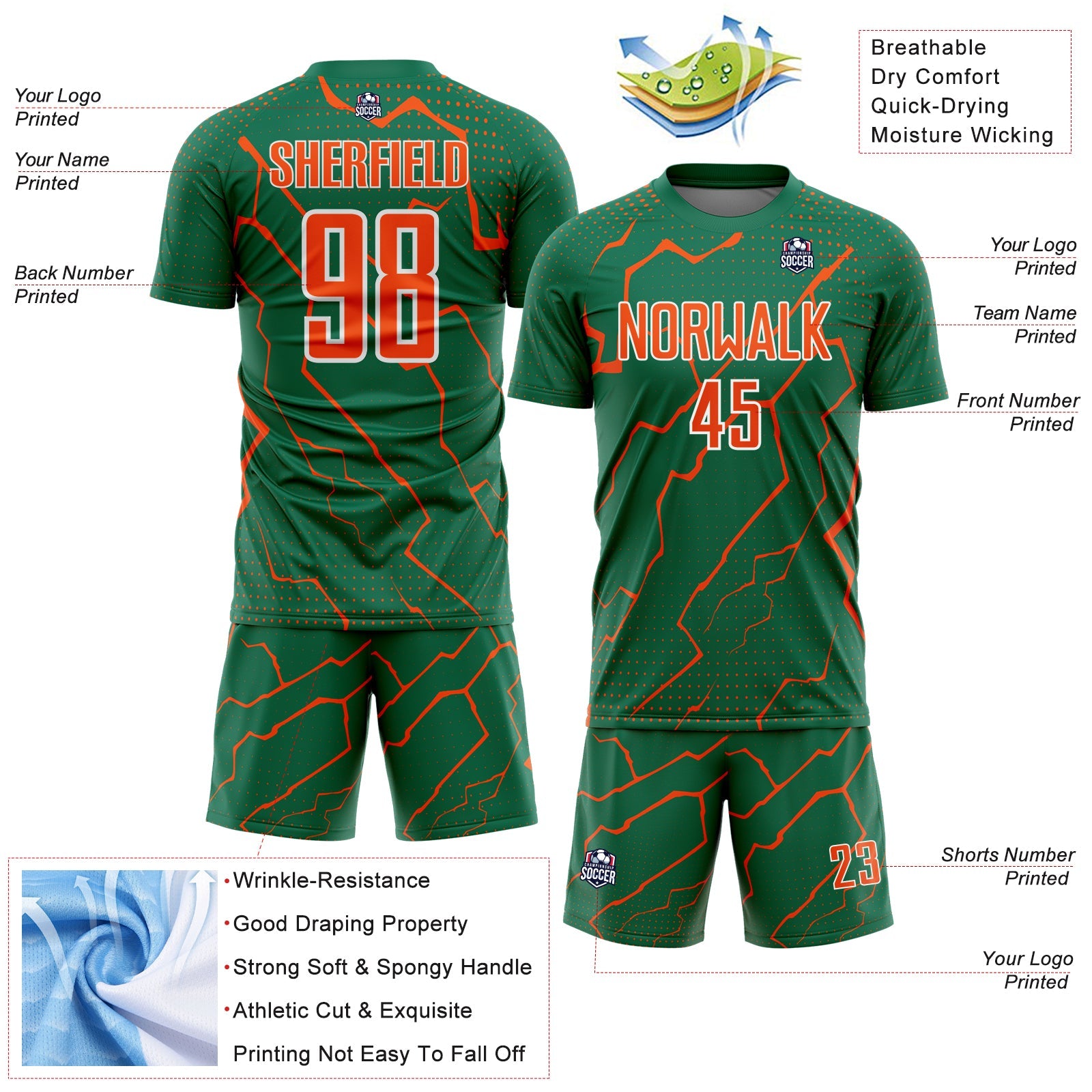 Custom Kelly Green Orange-White Lightning Sports Sublimation Soccer Uniform Jersey view 4