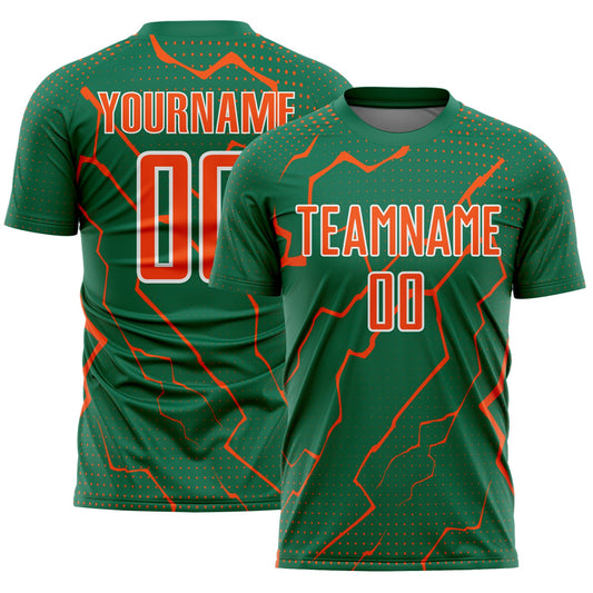 Custom Kelly Green Orange-White Lightning Sports Sublimation Soccer Uniform Jersey - Main View