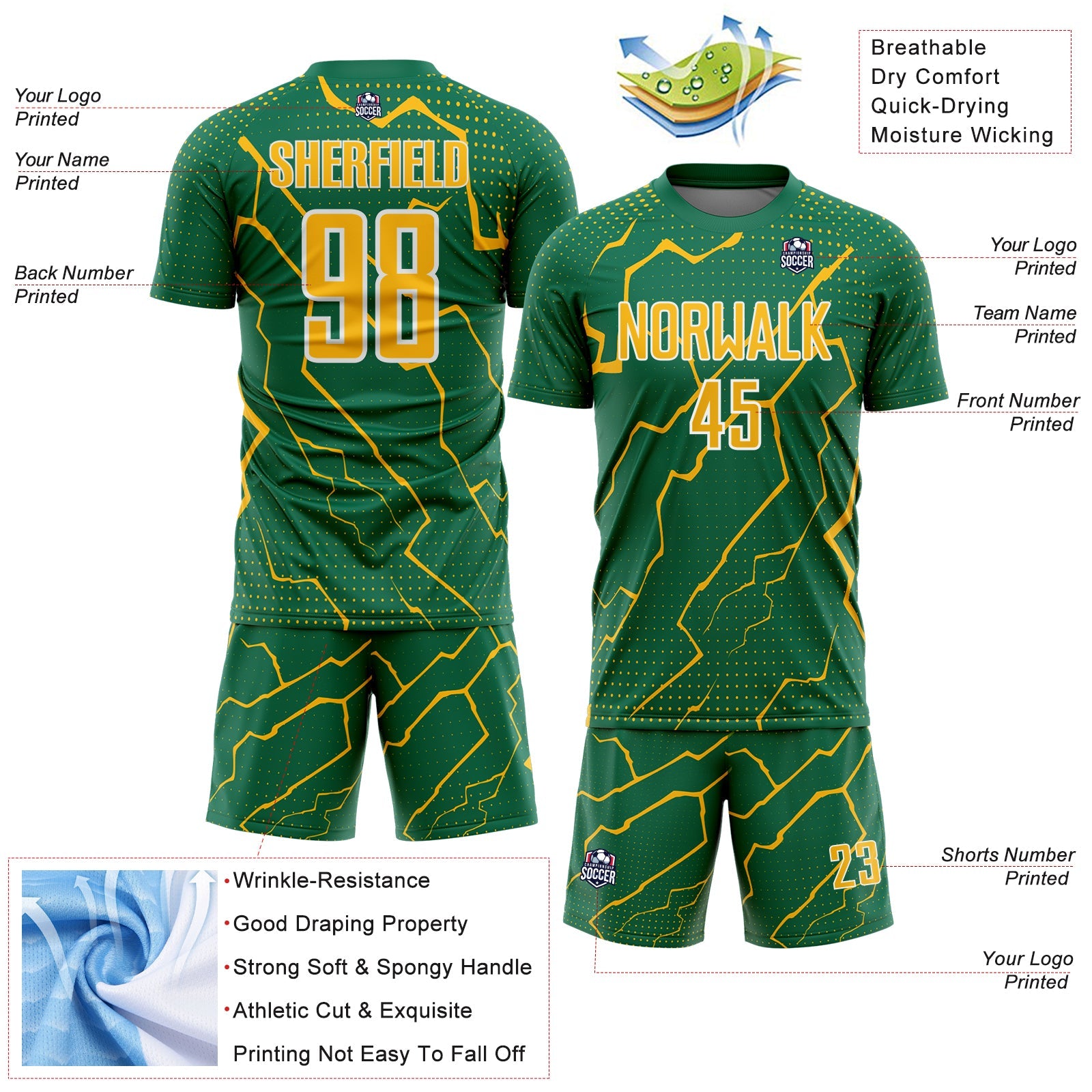 Custom Kelly Green Gold-White Lightning Sports Sublimation Soccer Uniform Jersey view 4