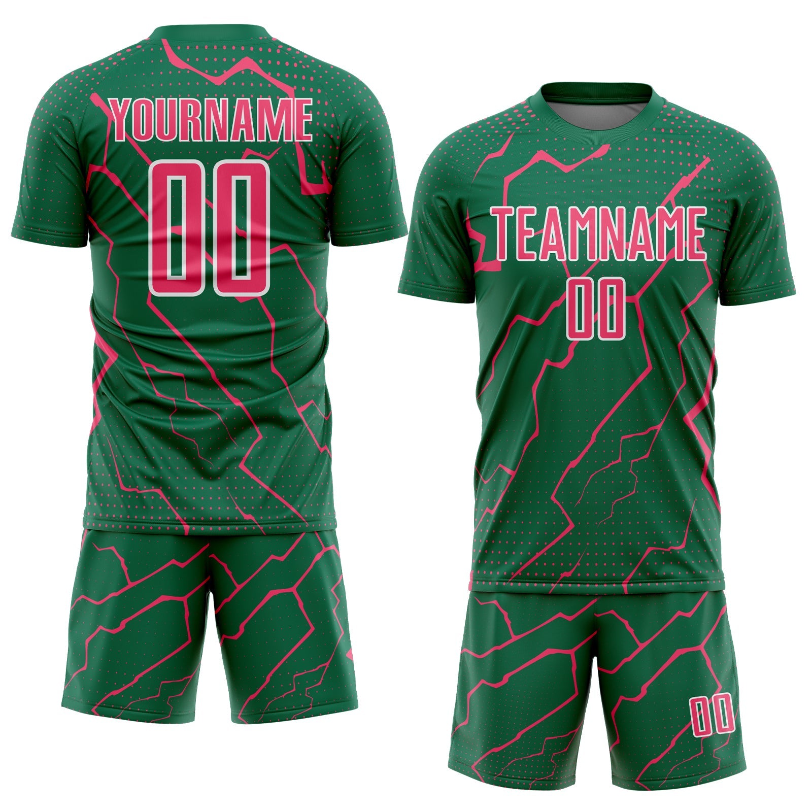Custom Kelly Green Neon Pink-White Lightning Sports Sublimation Soccer Uniform Jersey view 2