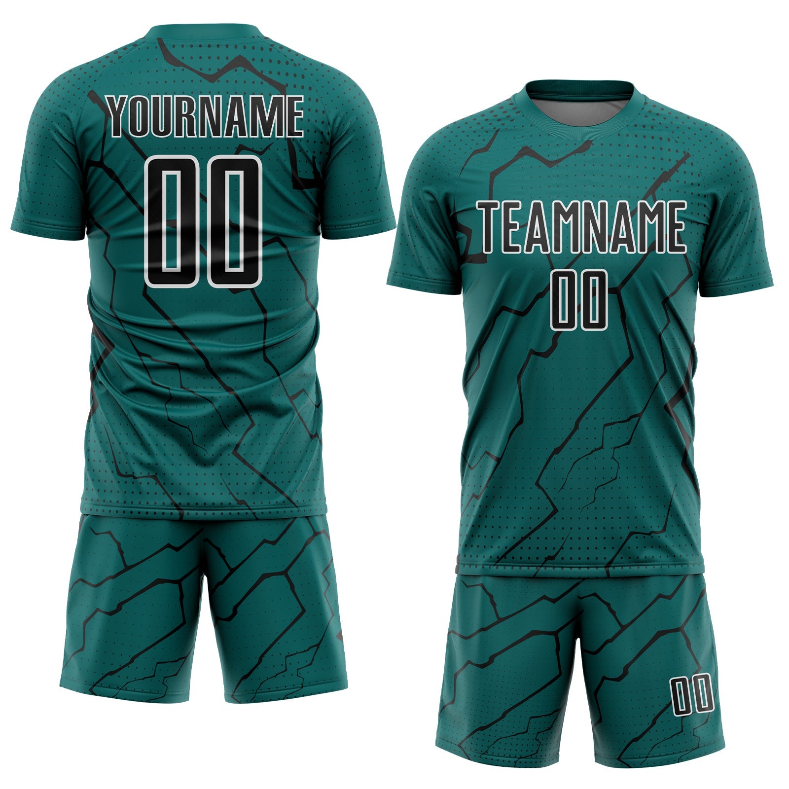 Custom Teal Black-White Lightning Sports Sublimation Soccer Uniform Jersey view 2