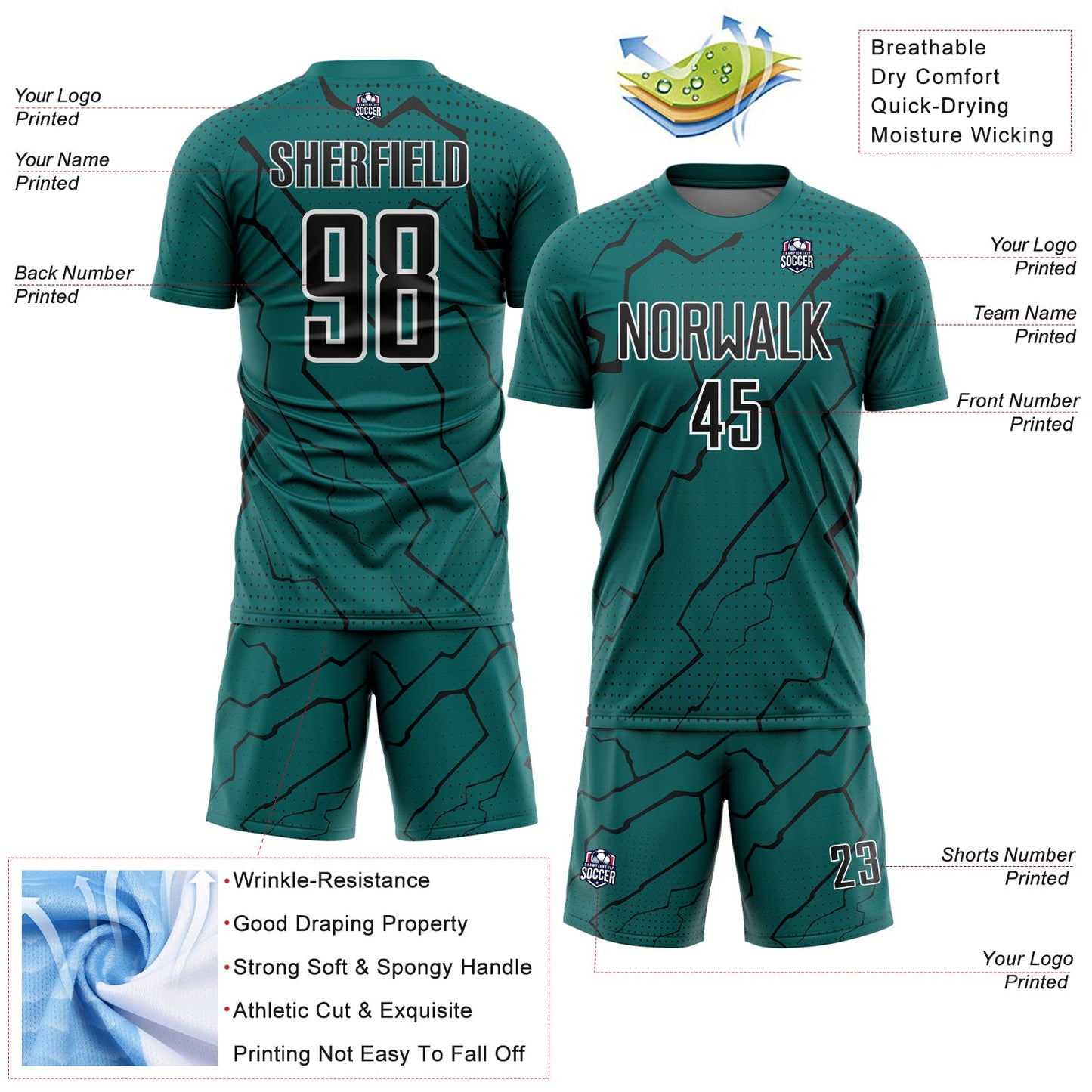 Custom Teal Black-White Lightning Sports Sublimation Soccer Uniform Jersey view 4