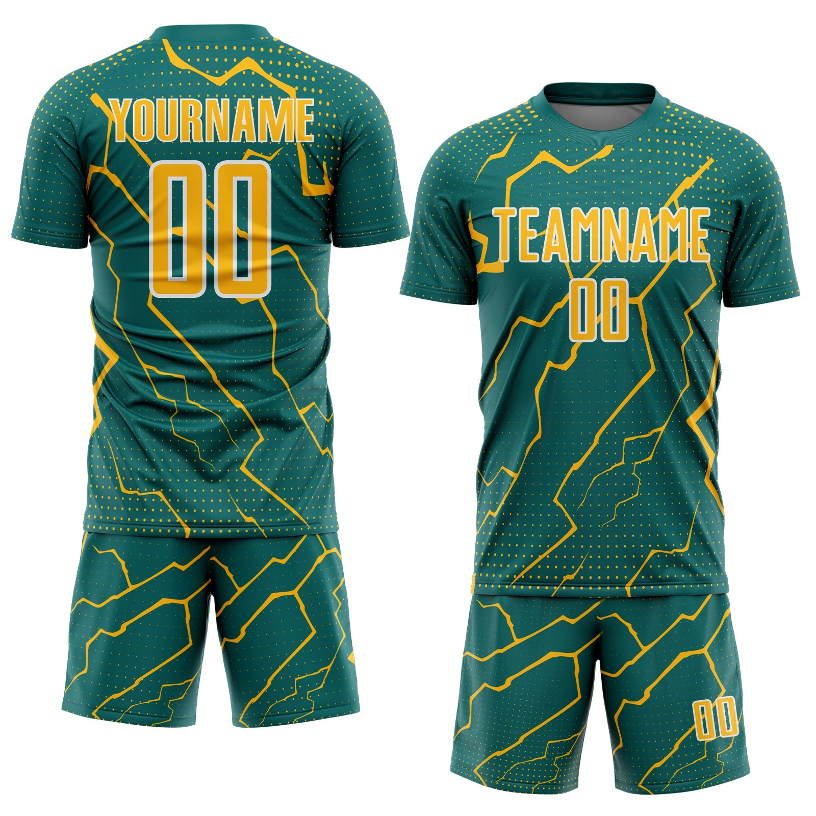 Custom Teal Gold-White Lightning Sports Sublimation Soccer Uniform Jersey view 2