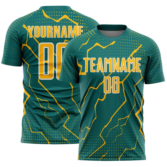 Custom Teal Gold-White Lightning Sports Sublimation Soccer Uniform Jersey - Main View