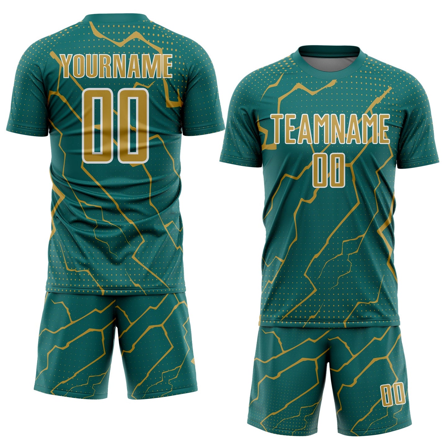 Custom Teal Old Gold-White Lightning Sports Sublimation Soccer Uniform Jersey view 2