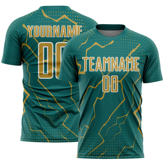 Custom Teal Old Gold-White Lightning Sports Sublimation Soccer Uniform Jersey - Main View