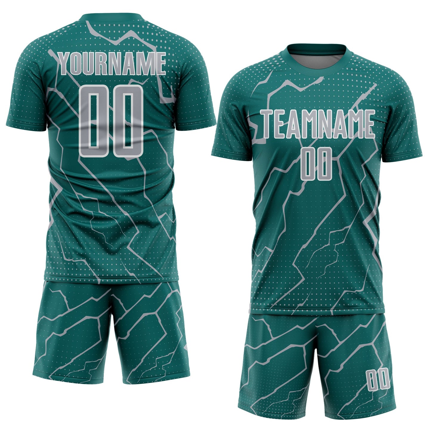 Custom Teal Gray-White Lightning Sports Sublimation Soccer Uniform Jersey view 2