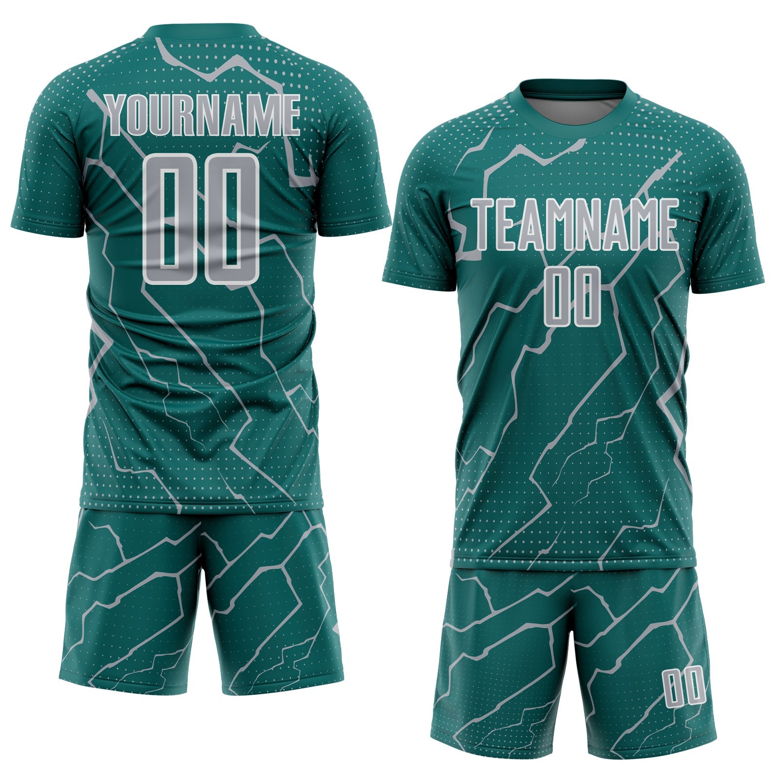 Custom Teal Gray-White Lightning Sports Sublimation Soccer Uniform Jersey view 2