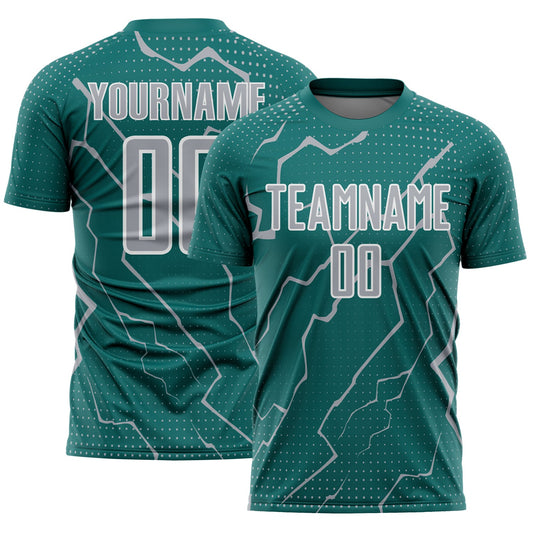 Custom Teal Gray-White Lightning Sports Sublimation Soccer Uniform Jersey - Main View