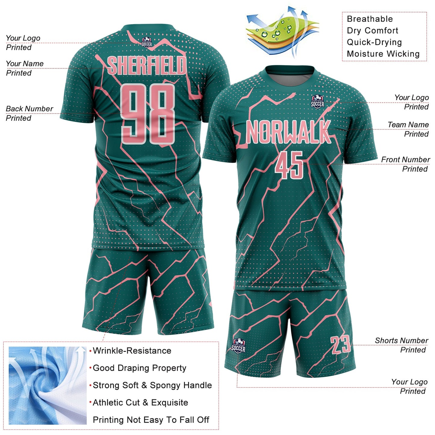 Custom Teal Medium Pink-White Lightning Sports Sublimation Soccer Uniform Jersey view 4