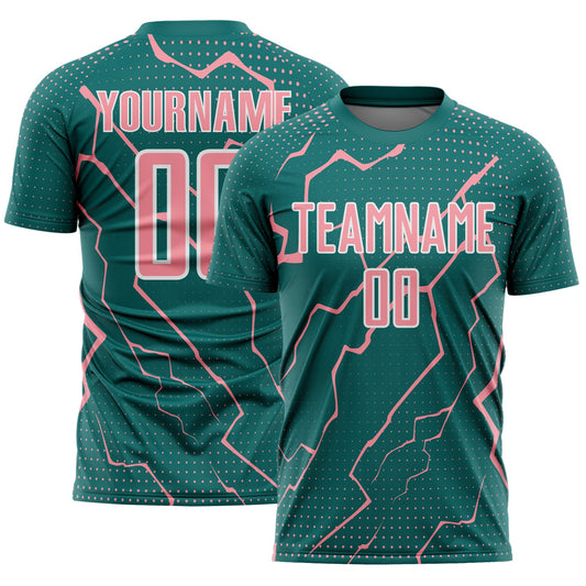 Custom Teal Medium Pink-White Lightning Sports Sublimation Soccer Uniform Jersey - Main View